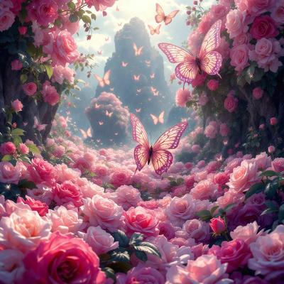 The primary subject of the image is a beautiful garden filled with pink flowers and butterflies. The setting is a lush, colorful environment with a mountain in the background. The visual style is a combination of photo and digital art, creating a vibrant and captivating scene. The dominant colors are pink and purple, giving the garden a romantic and serene atmosphere.